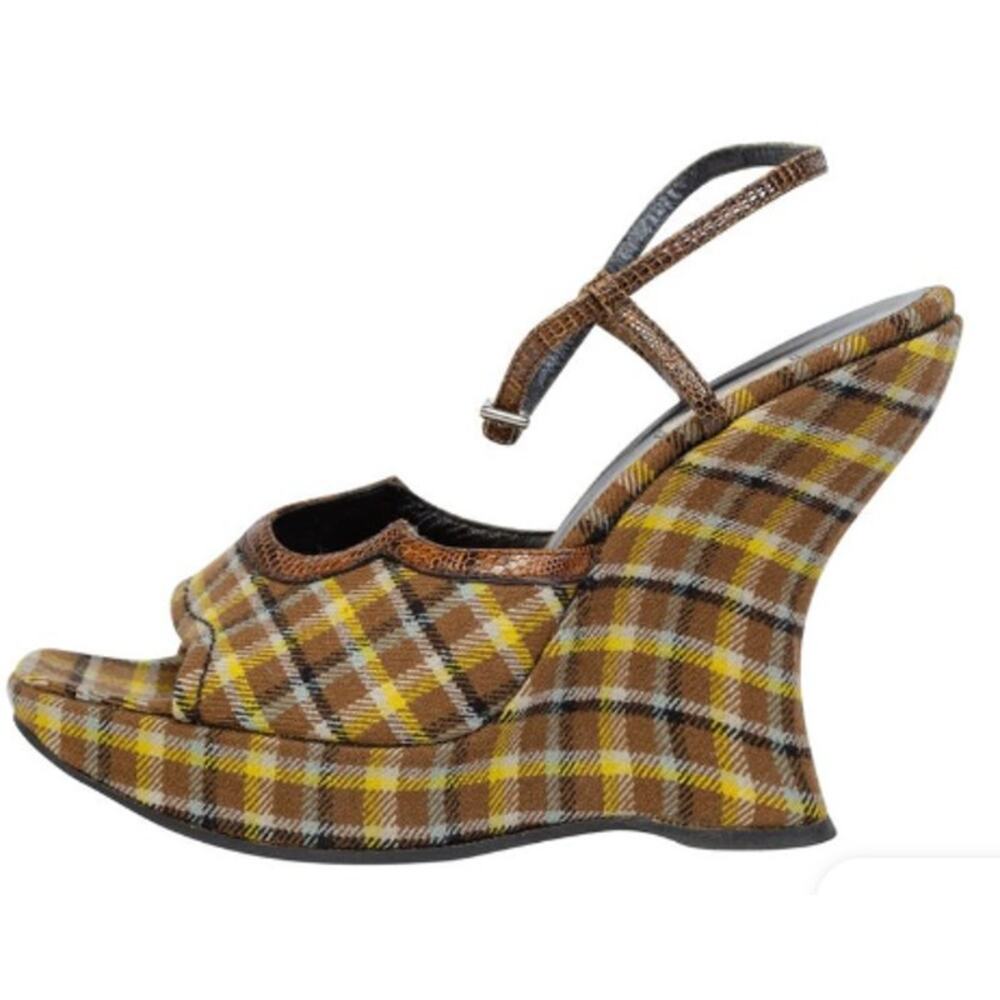 Prada Brown and Yellow Plaid Wedge Sandals